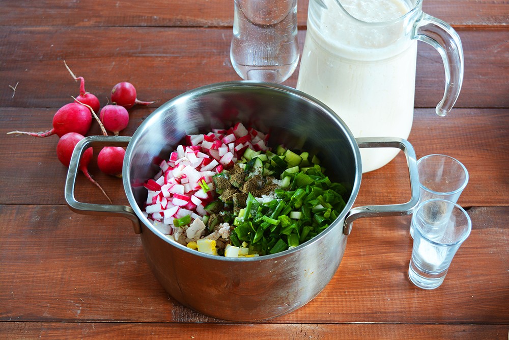 Окрошка на кефире рецепт классическая с колбасой и картофелем редиской фото
